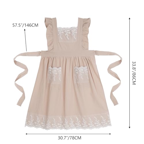 Aoomzoon Vintage Aprons for Woman with Pockets Cute Lace Ruffle Adjustable Apron for Cooking Kitchen Baking Gardening (Beige)