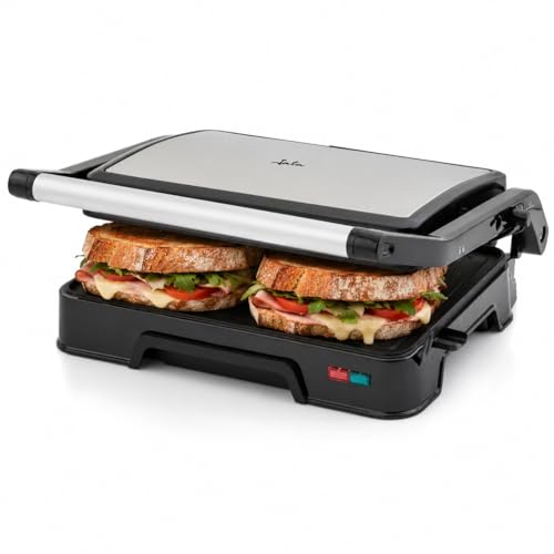 Jata Jegr1124 - Parrilla Eléctrica Y Grill Con Placas Rayadas Antiadherentes De 23 X 14,5 Cm. 1000 W. Cocina Todo Tipo De Alimentos. Tapa Superior Basculante. Apertura 180 . Clip De Cierre