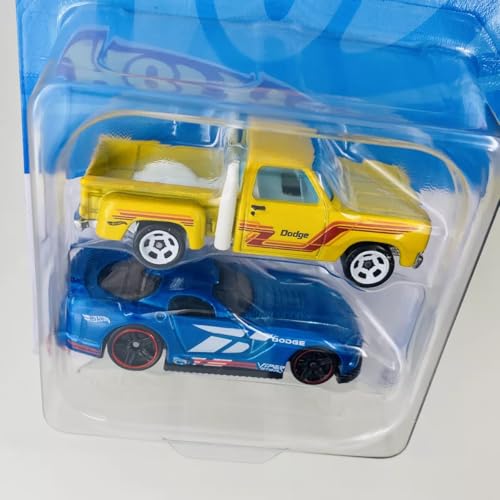 Image of Hot Wheels 2 Cars Pack Dodge Lil Express Truck and Dodge Viper GTS-R Die-Cast Vehicle by Small CLAP for 3 Years & Above (YellowGrey)