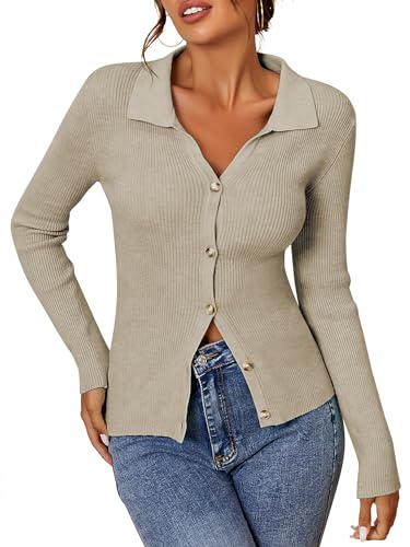 Image of ZAFUL Women Long Sleeve Polo Sweater V Neck Button Down Ribbed Knit Cardigan Top