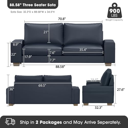 Image of Valthie Faux Leather Couch, Mid Century Modern Comfy Loveseat Sofa with Wide Arm, Side Pockets, Solid Wooden Frame for Office, Living Room and Bedroom, 3 Seater (Blue, 88.58 inches)