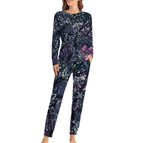 Pyjama femme ensemble avec t-shirt manches longues et pantalon à motif plantes