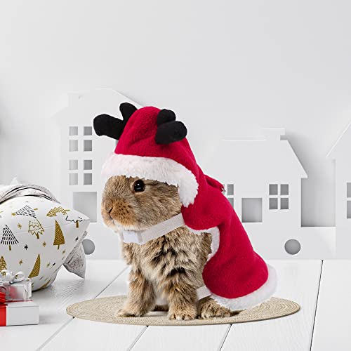 Image of Christmas Rabbit Harness and Leash Set Winter Warm Fleece Bunny Clothes Small Animal Elk Costume Cute Hoodie Outfit for Ferret Rat Party Clothes(Red /S)