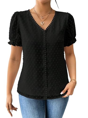 Image of Shasmi Women's Elegant French Textured Fabric Solid Color Lace Panel V-Neck Jacquard Blouse,Short Puff Sleeve Tops Simple Daily Spring /Summer Casual Blouse Shirt (Top 178)