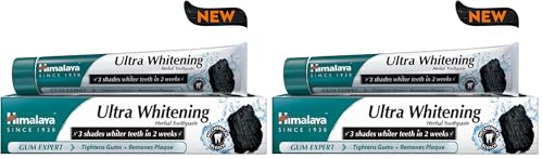 Himalaya Pasta de Dientes Ultra Whitening - Fórmula Herbal con Carbón Activado de Coco y Aceite de Semillas Negras, Sin Flúor, 100% Vegana, Limpia y Blanquea los Dientes en 3 Tonos, 75ml