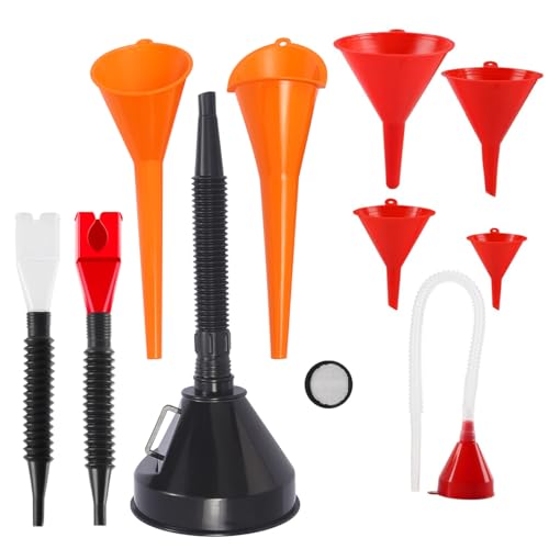 11 Pièces Entonnoirs de Voiture, Entonnoir Essence, Entonnoir Carburant avec Filtre et Extension Flexible Angle Droit Long Bec Entonoir, Large Ouverture pour Remplissage de Liquide de Refroidissement
