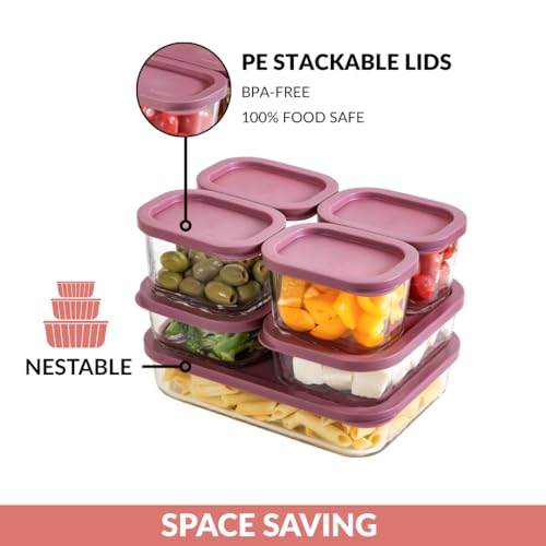 Image of Nestasia Groovo Glass Containers with Lid Set of 7 (310ml x 4, 520ml x 2, 1200ml x 1) - Transparent Stackable Fridge Storage Box, Microwave & Dishwasher Safe (Purple)