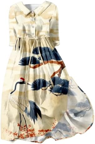 Casual Dresses for Women 2024 Spring Summer Japanese Cranes Plus Size 3/4 Sleeve A-Line Trendy Loose Dresses