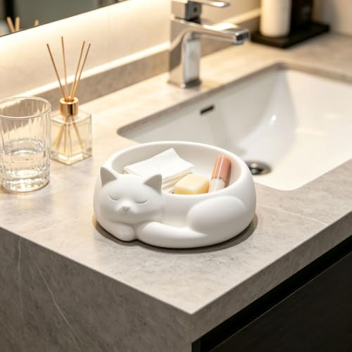 smtsmt Cat Shaped Jewelry Dish, Cute Curled Sleeping Cat Trinket Tray Multi-Purpose Storage Bowl, Decor Desktop Organizer for Entryway Dresser Bathroom Kitchen, Cats Lovers Home Decor (White) - Image 2