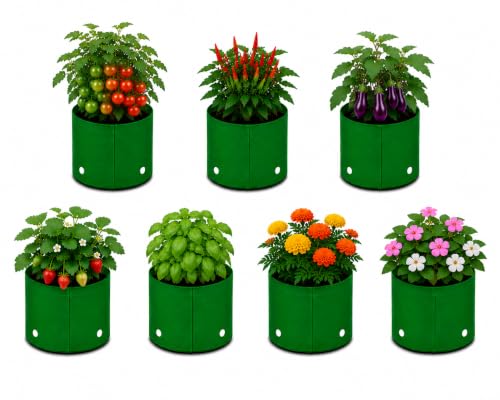 Image of Grow Bags for Terrace Gardening, Premium HDPE Green-Orange Large Planters for Fruit Trees, Vegetables, Flowers & Home Garden Pack of 7(8x8)