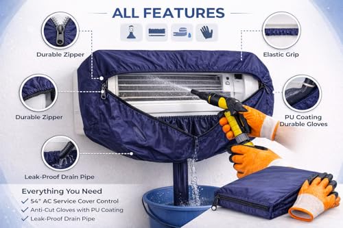 Image of Heavy Duty Split AC Indoor Unit Cleaning Cover 54 Inch (Up to 2 Ton & Above) Dark Navy Blue + Anti Cut Grip Gloves | Waterproof AC Service Bag Combo