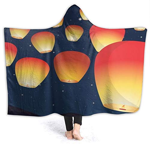 JOSENI Usable Manta con Capucha Felpa,Festival de la Linterna del Cielo con Muchos farolillos voladores en la Noche con un Gran Cielo Hermoso con Estrellas,Manta de Tiro, 80