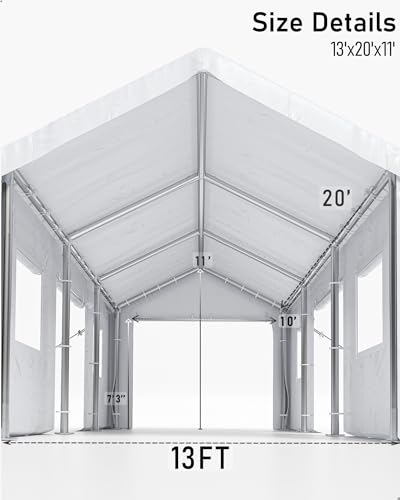 DEXSO Carport 13'x20' Portable Garage, Heavy Duty Carport Canopy, Reinforced Steel Poles, 4 Roll-up Doors & 4 Windows, for Pickup, Boat, and Equipment, White