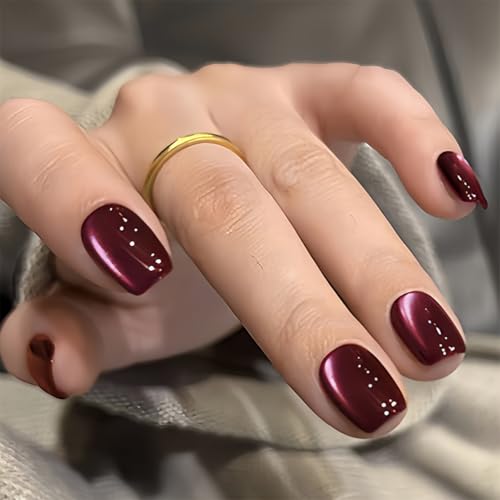 Conjunto de 24 unhas postiças removíveis (nails), unhas de olho de gato bordô quadradas, com cola geleia + lima, autocolantes para unhas práticos