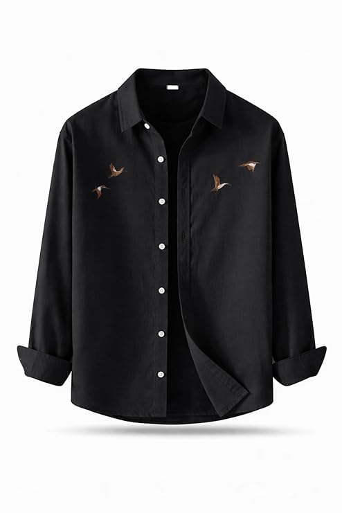 Image of Men's Cotton Blend Casual Wear with Bird Embroidery | Regular Fit Full Sleeve Button Down | Lightweight Summer Style for Daily, Office & Party