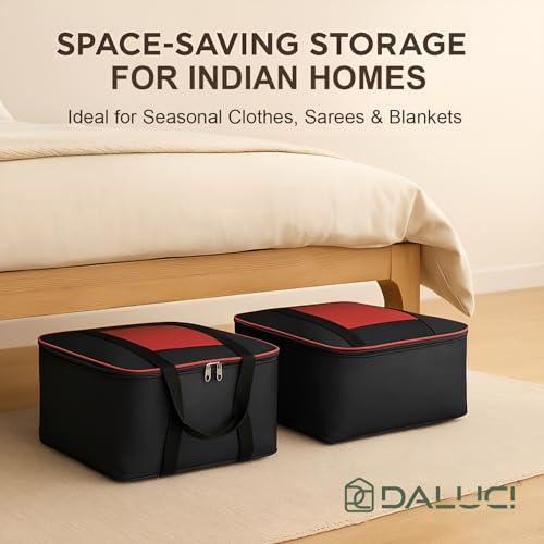 Image of DALUCI 2 Pack Underbed Storage Bags for Clothes, Blankets & Sarees, Large Moisture Proof Storage Organizer with Zip, Non Woven Wardrobe Storage Bags - Black (52 x 44 x 20 cm)