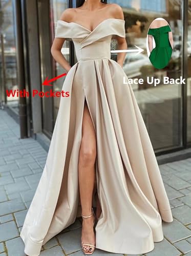SoDigne Off Shoulder Long Slit Prom Dresses for Women A-Line Backless Satin Formal Evening Party Gown with Pockets2