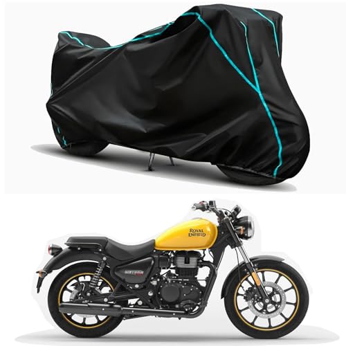 Image of Waterproof Bike Body Cover Compatible for | Royal Enfie Super Meteor 650 STD | Taffeta Fabric, Sky Piping Design, Bottom Elastic Fit | Dustproof, Sun UV & Rain Protection for All Weather.