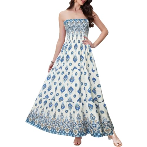 Image of Women's Summer Strapless Tube Top Maxi Dresses Off Shoulder Boho Beach Long Dress