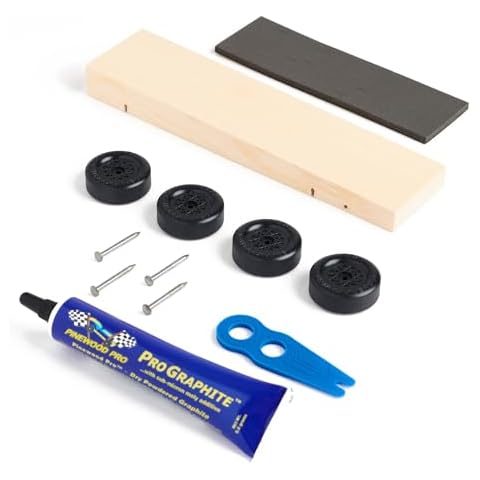 Pinewood Pro Drilled Car Kit with PRO Graphite and 3 Oz Flexible Stick-On Tape Weight | Instruction Sheet Included | Cut Weight Tape to The Perfect Amount | Bonus Wheel Spacer Cover