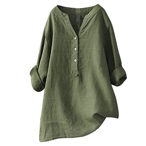 Chemisier Fushia pour Femme Pull Col V Chemise Lin Vêtements Blouse Grande Taille 52 54 56 Tee Shirt Manche Longue Vert M
