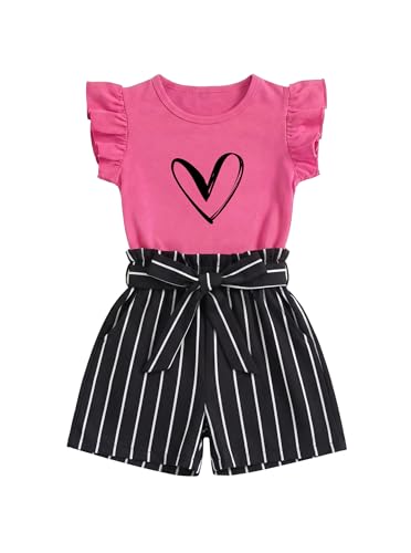 Image of Girls 2 Piece Outfits Summer Ruffle Sleeve Top and High Waisted Striped Shorts Set for Girls 7-14