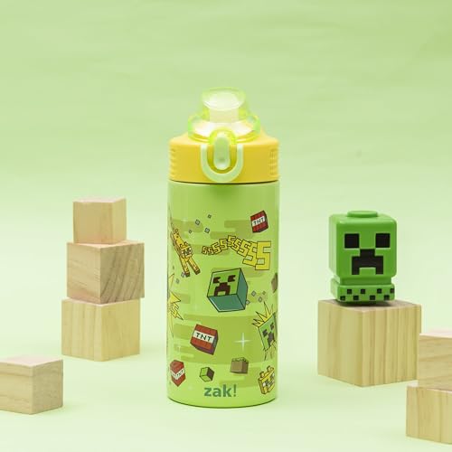 Image of Zak Designs Minecraft Sage Kids Water Bottle For School or Travel, 14oz Stainless Steel Water Bottle With Straw, Handle, and Leak-Proof, Pop-Up Spout Cover (Creeper)