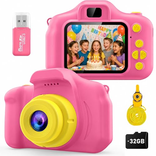 Desuccus Kids Camera for Girls 3-12 (Pink) 1080P with 32GB Card