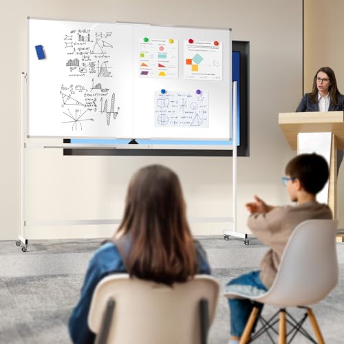 Image of Large Rolling Whiteboard on Wheels, 72 inch x 40 inch Double-Sided Mobile White Board with Stand, Portable Standing Magnetic Dry Erase Board Easel for Home Office Classroom School, Silver