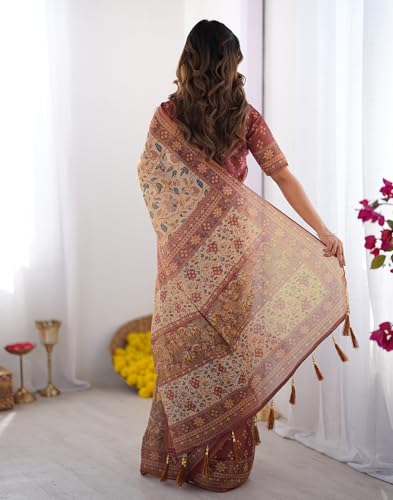 Image of SIRIL Women's Cotton Linen Kalamkari Printed Handloom Saree with Unstitched Blouse Piece