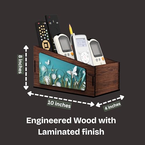 Image of Multipurpose Wooden Remote Stand Organizer with 3 Compartments, Premium Engineered Wood Desk Organizer for TV /AC Remotes, Stationery, Charger, Home & Office Use (Dark Walnut)