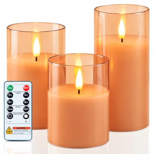 Image of Homemory Orange Glass Flameless Candles, Fall Decor, Remote Timer, 3 Pack