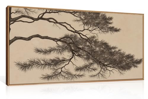 LHIUEM Large Vintage Pine Tree Branch Framed Canvas Wall Art,Sketch Botanical Wall Decor,Nature Plant Artwork,Brown Antique Etching Art Prints for Living Room,Bedroom,Ofiice-20 x40 x1