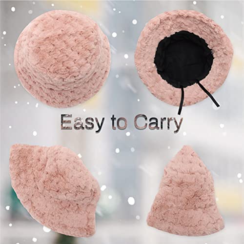 Image of Bucket Hat Women Furry Fuzzy Bucket Hats for Ladies, Winter Warm Fluffy Plush Faux Fur Hat for Women
