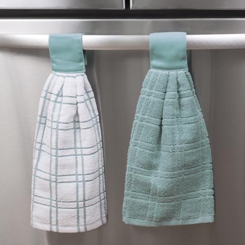 Image of Ritz Premium 100% Cotton Solid and Multi Check Kitchen Tie Towel, Absorbent, Super Soft, and Fast Drying Hang Towel, Set of Two, Dew