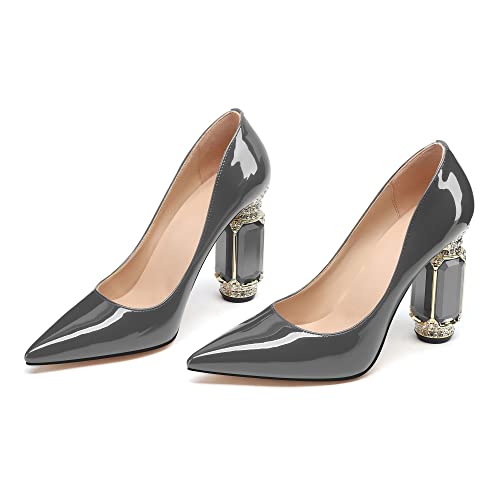 Image of JANSEVEN Women Chunky Heels Pumps Crystal Block Heels with Rhinestones Pointed Toe Sexy Gradient Patent Leather Slip on Bridal Party Wedding Dress Shoes 5-13 M US