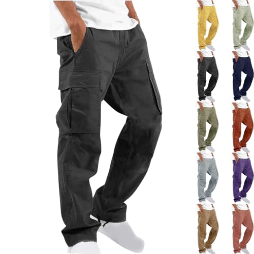 Mens Cargo Pants Elastic Waist Drawstring Relaxed Fit Outdoor Joggers Straight Leg Hiking Workout Pants with Pockets