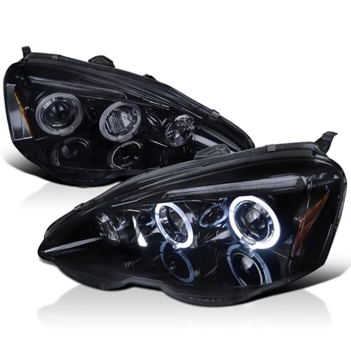 Spec-D Tuning Glossy Black Housing Smoke Lens Halo Projector Headlights Compatible with 2002-2004 Acura RSX, Left + Right Pair Headlamps Assembly