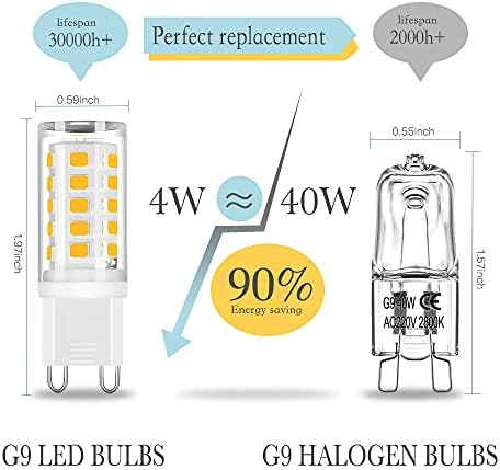 CQTLED G9 LED Bulbs Warm White 3000K,4W Equivalent to 35W 40W Halogen Bulbs,No Flicker,Non-Dimmable, Energy Saving Light Bulbs,G9 LED Lamp for Ceiling Lights,10 Pack