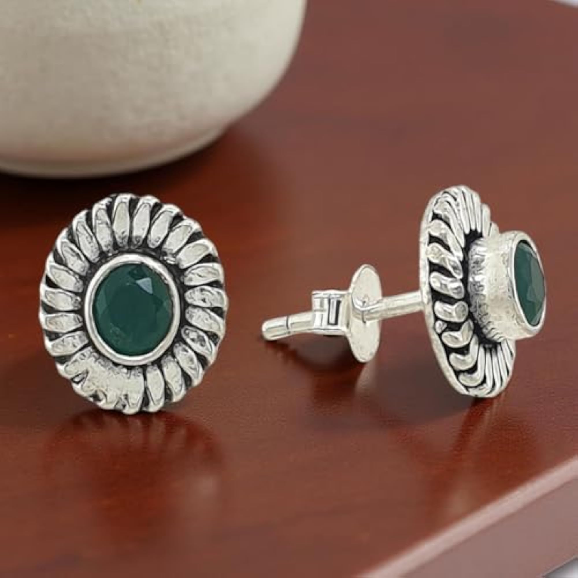 Women's 925 Sterling Silver Round Green Onyx Stud Earrings