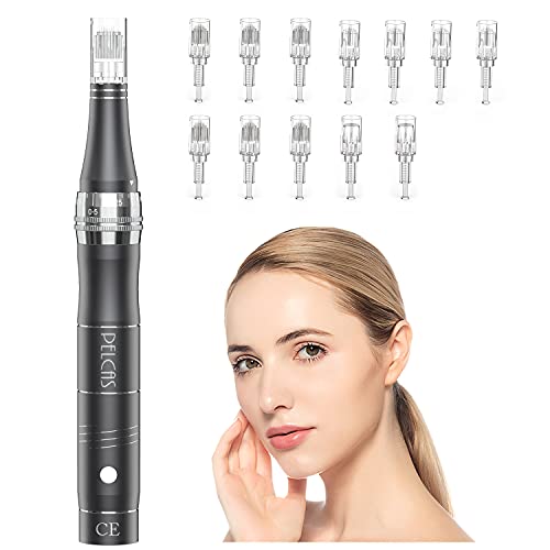 PELCAS Wiederaufladbare Auto Derma Micro Needle Roller Electric Pen Anti Aging Skin Therapy Device mit 3 Geschwindigkeitsstufen inkl. 12 Nadelköpfe Falten Stretch Marks Akne Narbe Anti-Falten Grau