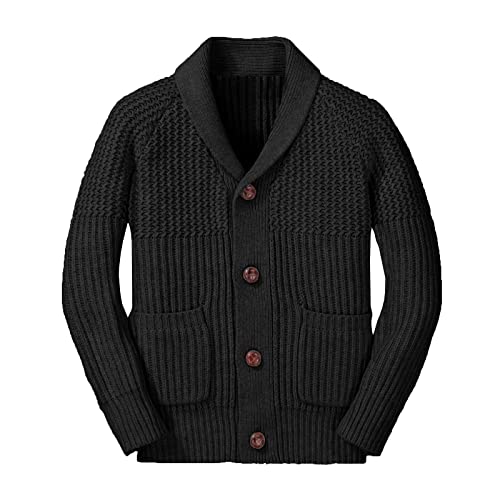 Boys Shawl Collar Cardigan Fall Casual Button Down Long Sleeve Cable Knit Sweater With Pockets Black #TOP20