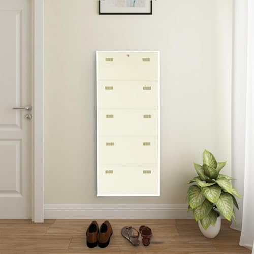 Image of Metal Shoe Rack Wall Mounted for Home with Central Locking | 5 Door 28 inch Wall Mounted Metal 15 Pair Shoe Rack Cabinet | Pre-Assembled Rack Shelves | 3 Year Warranty (Ivory)