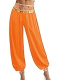 Manyakai Pantalones Bombachos de Danza del Vientre Mujer Pantalones Largos de Baile con Flecos de Lentejuelas en Cintura Pantalon de Harem S-XXL Naranja S