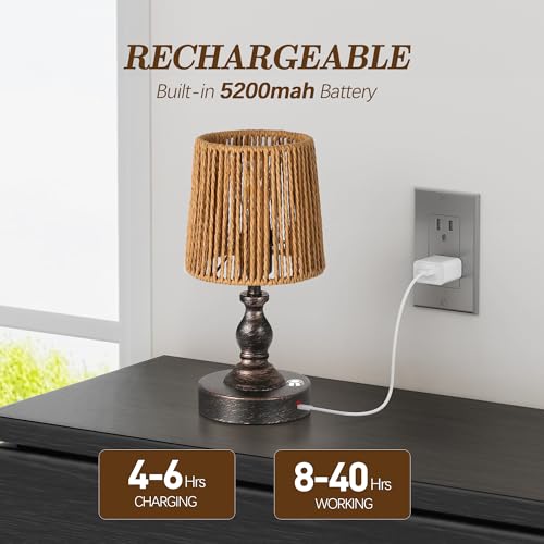 PARTPHONER Mini Cordless LED Table Lamp, 5200mAh Rechargeable Battery Operated Lamp, 3-Level Brightness, Touch Dimmable Desk Lamp, Bedside Night Light with Rattan Shade, Oil Rubbed Bronze by PARTPHONER - Image 3
