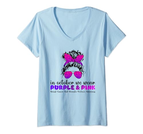Mujer Domestic Violence Breast Cancer Awareness Month Messy Bun Camiseta Cuello V
