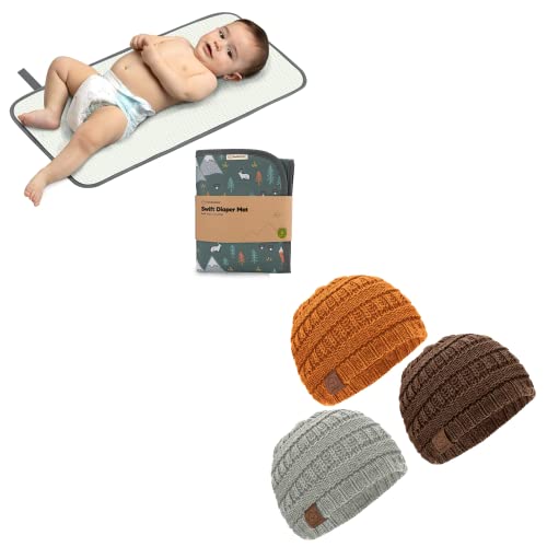 Image of KeaBabies Portable Diaper Changing Pad and 3-Pack Baby Beanies, Baby Hats - Waterproof Foldable Baby Changing Mat - Newborn Hats - Travel Diaper Change Mat - Baby Boy HatsLightweight Changing Pads