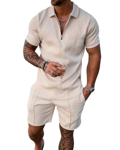 Mens Short Sets 2 Piece Outfits Fashion Summer Tracksuits 1/4 Zip Short Sleeve Polo Shirt and Shorts Set for Men