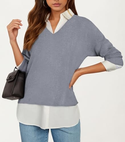 Image of Oyamiki Women's Casual Collared Curved Hem 2 in 1 Pullover Tops Plaid Contrast Shirt Blouse