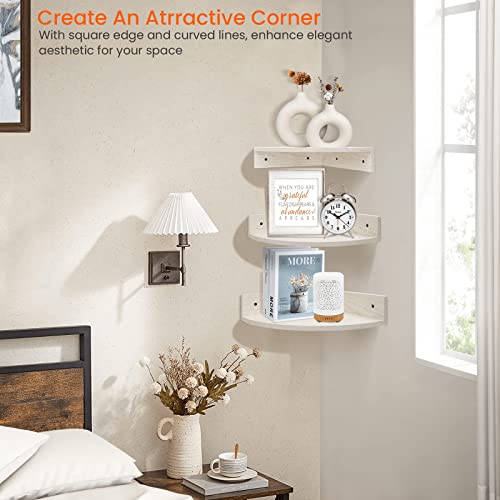 Homode Floating Corner Shelves, Set Of 3 Wood Corner Wall Shelves With Wire Hole, 12 Inch Deep Hanging Corner Display Shelf For Living Room, Kitchen, Bedroom, White #TOP3
